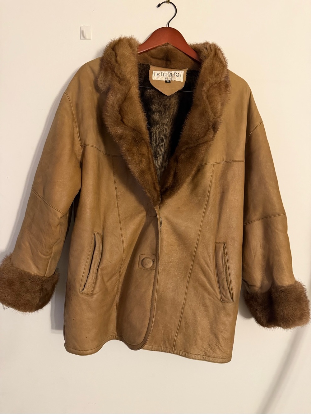 Vintage EURO FUR Tan Shearling-Trim Leather Jacket